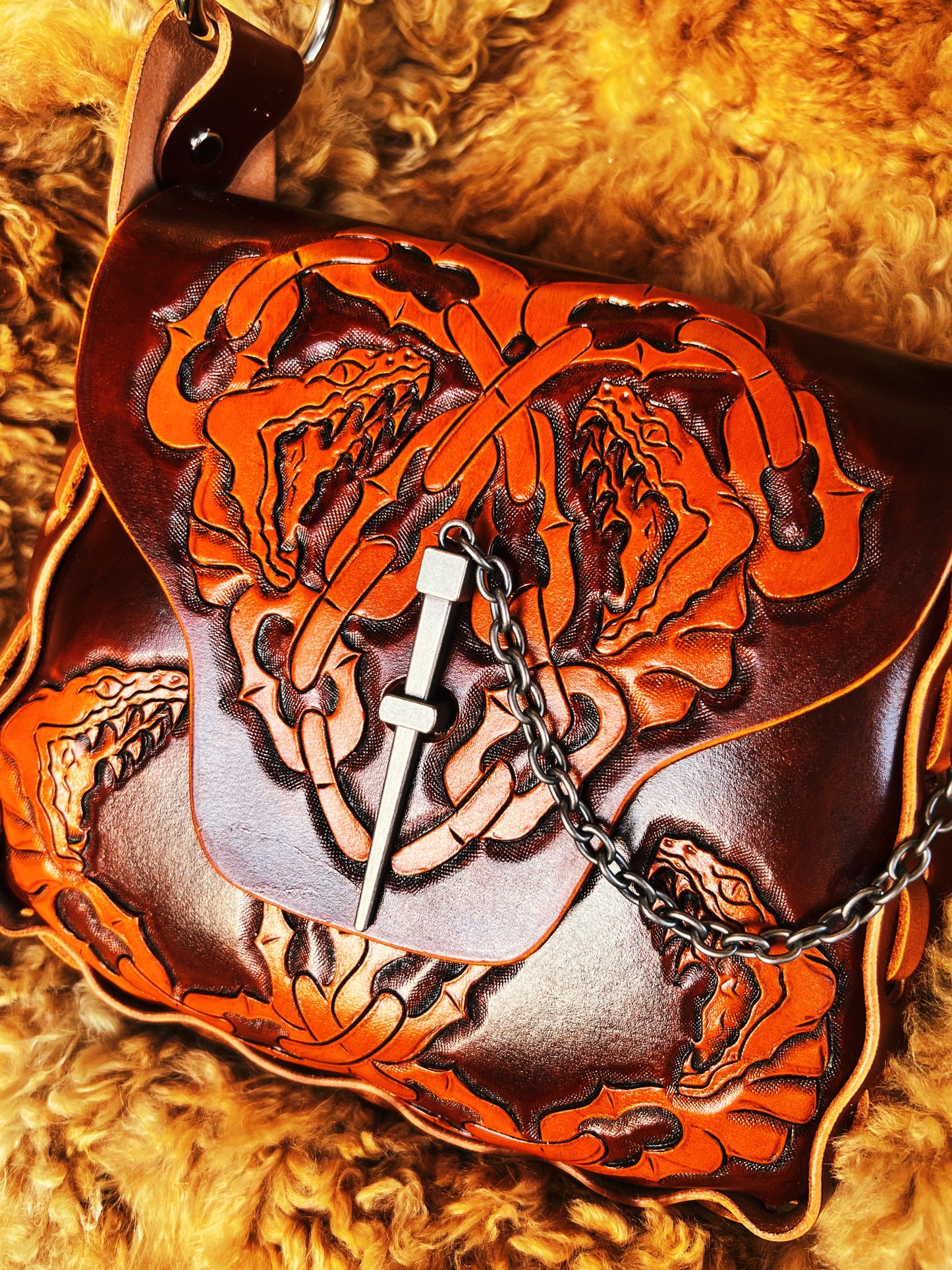 Brown & Tan Cretan // Leather Snake Tooled Purse