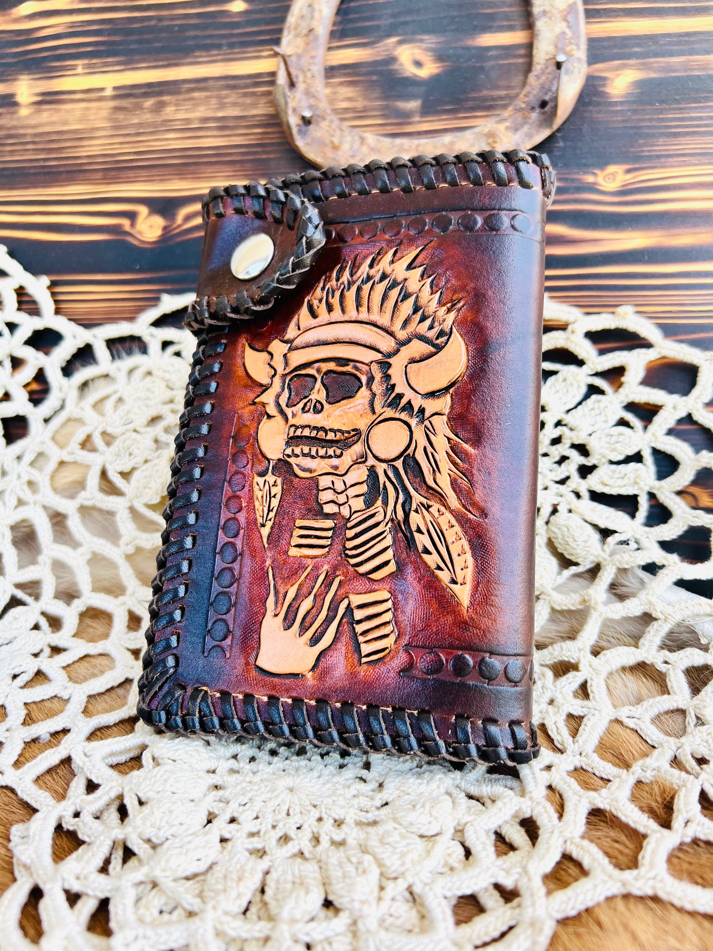 Indian Chief Traditional Design Tooled Leather Wallet