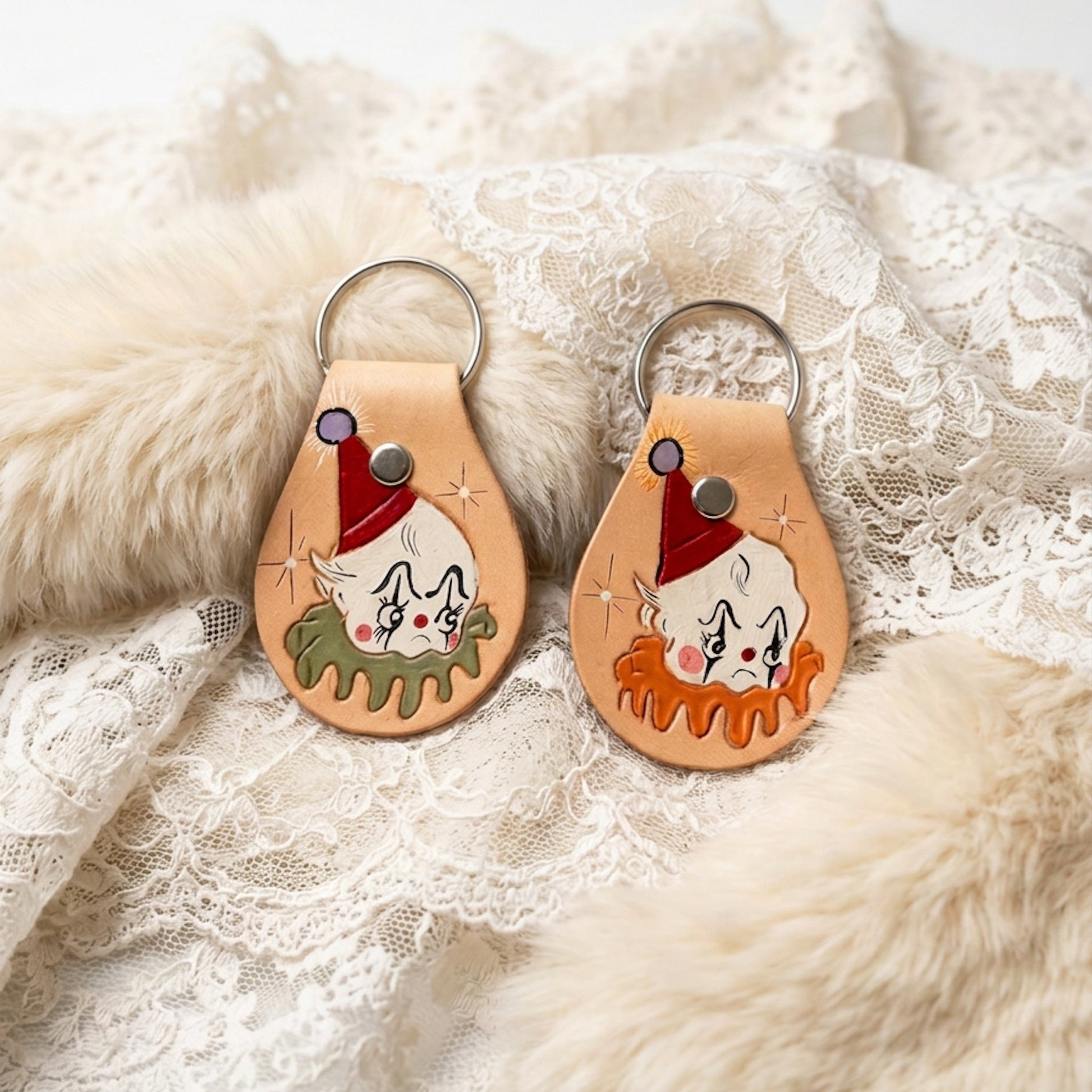 Sad Clown Hand Tooled Leather Keychain