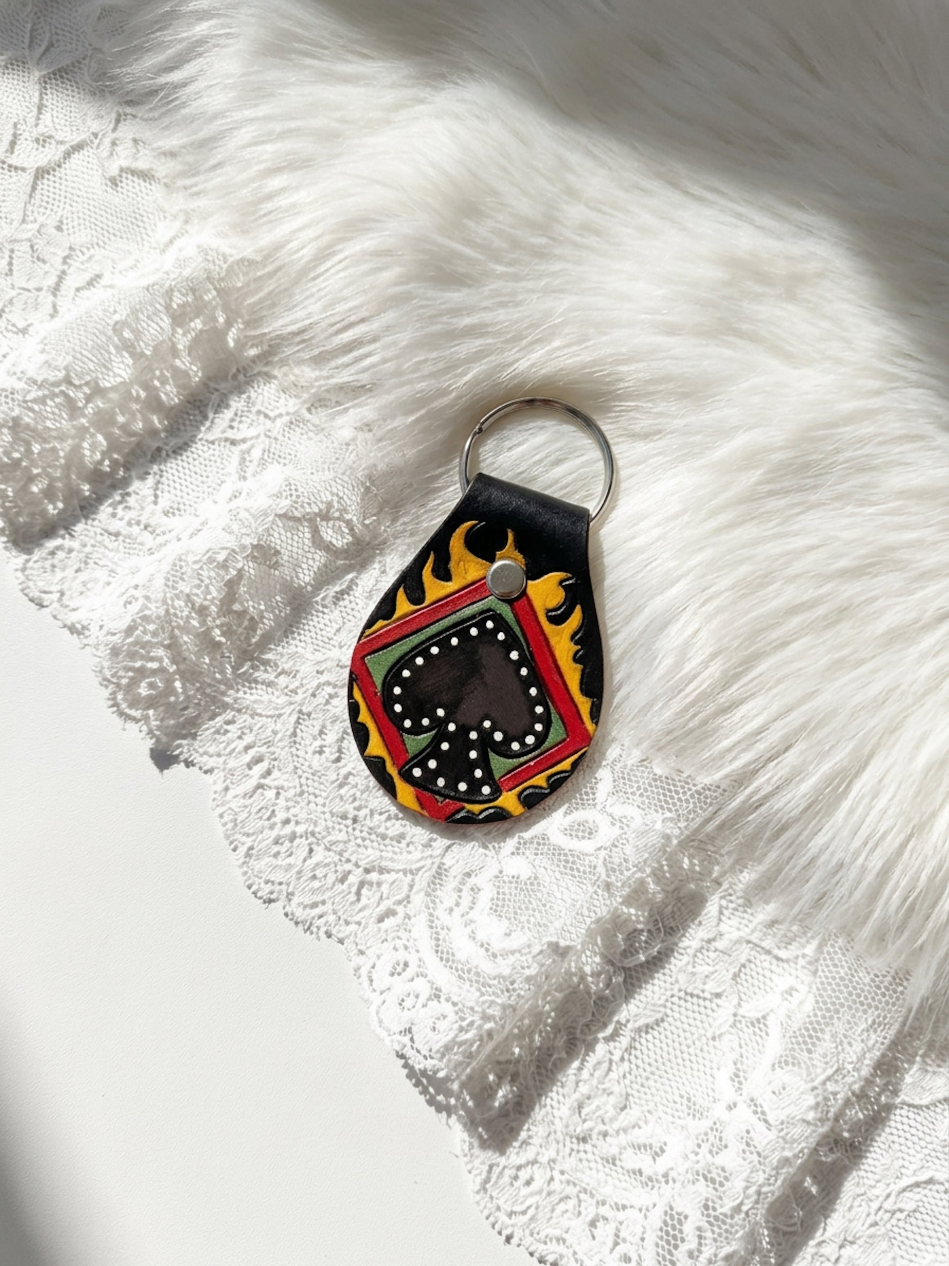 Flaming Ace of Spades Hand Tooled Leather Keychain