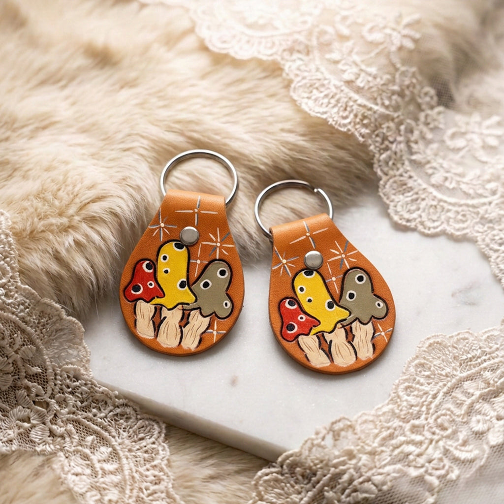 Mushroom Trio Hand Tooled Leather Keychain