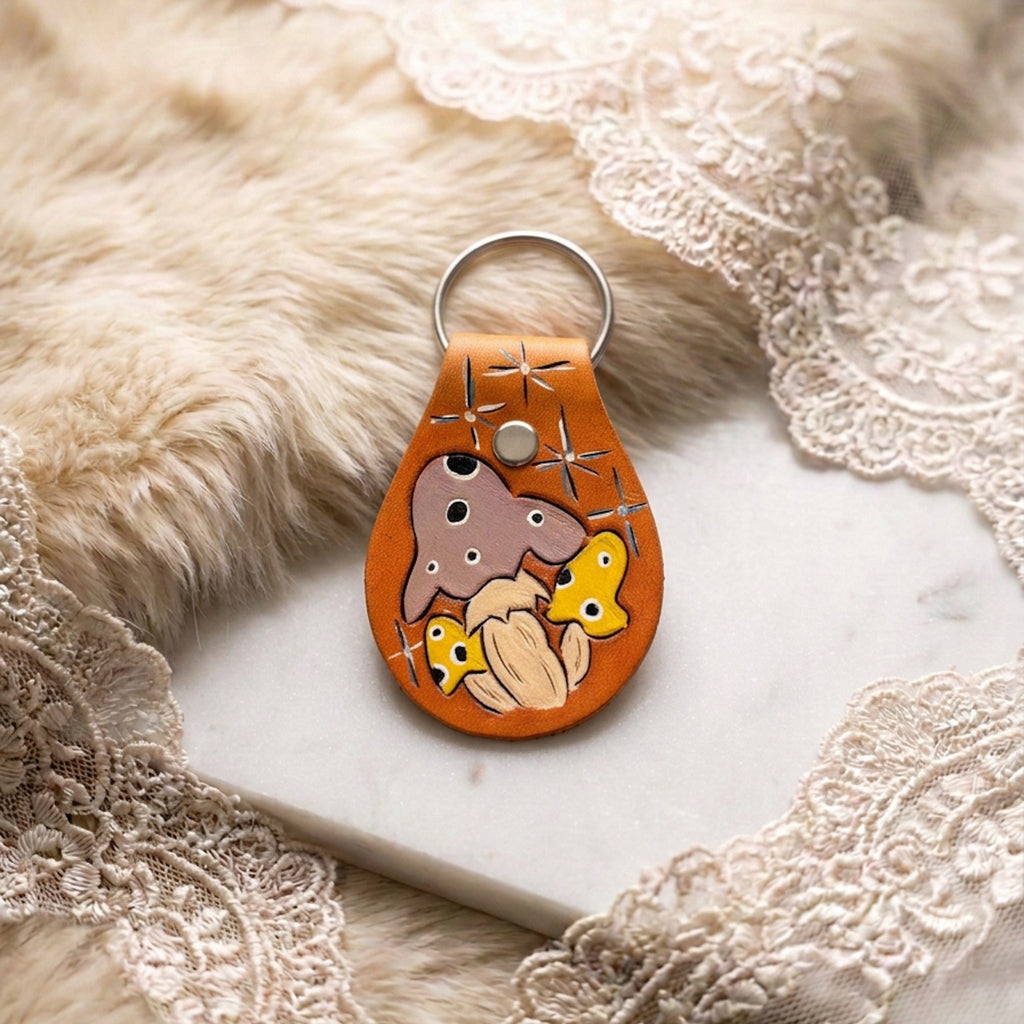 Mushroom Cluster Hand Tooled Leather Keychain