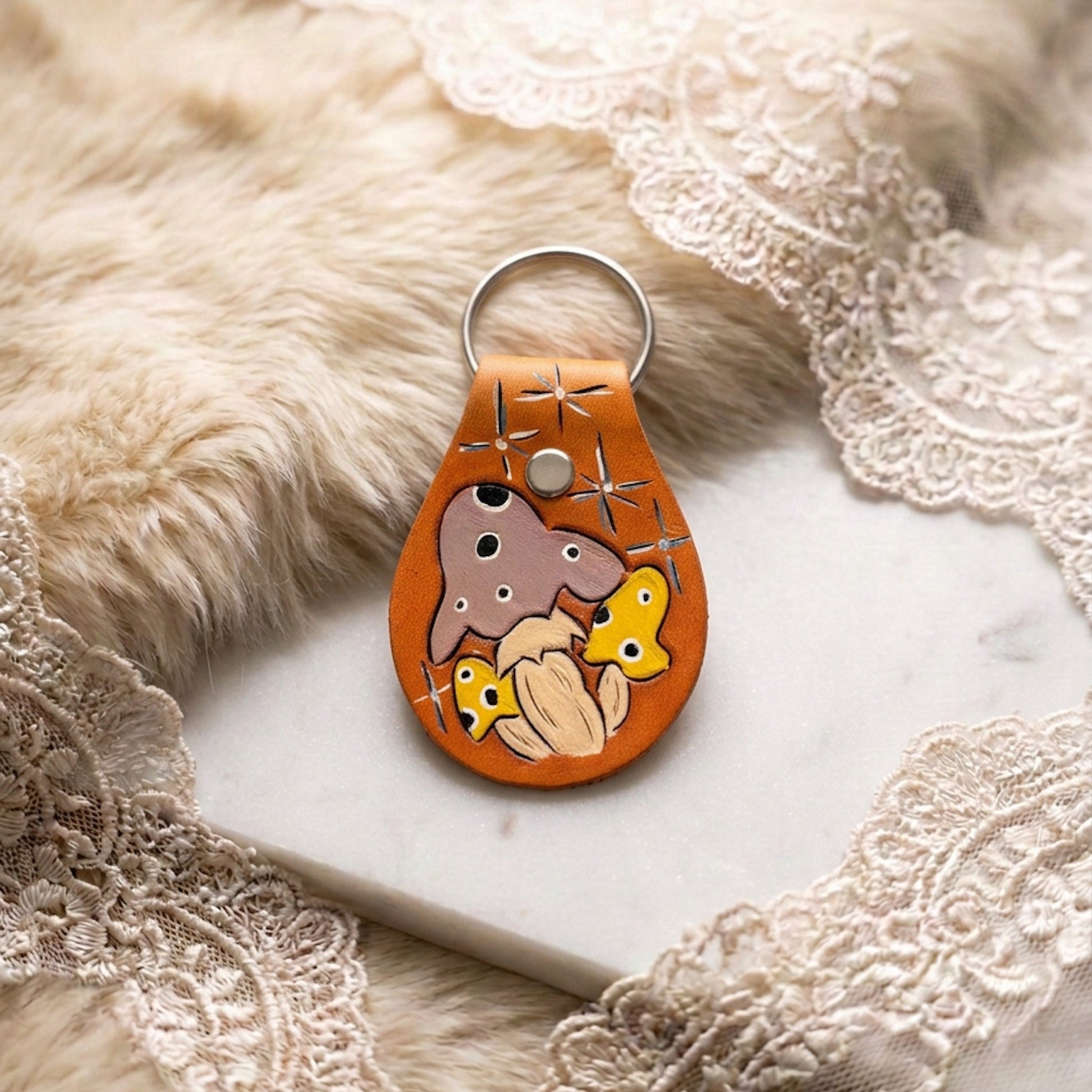 Mushroom Cluster Hand Tooled Leather Keychain