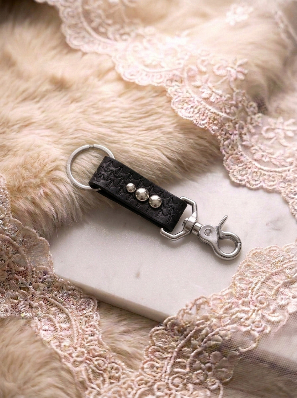 Studded Tooled Black Leather Key Clip