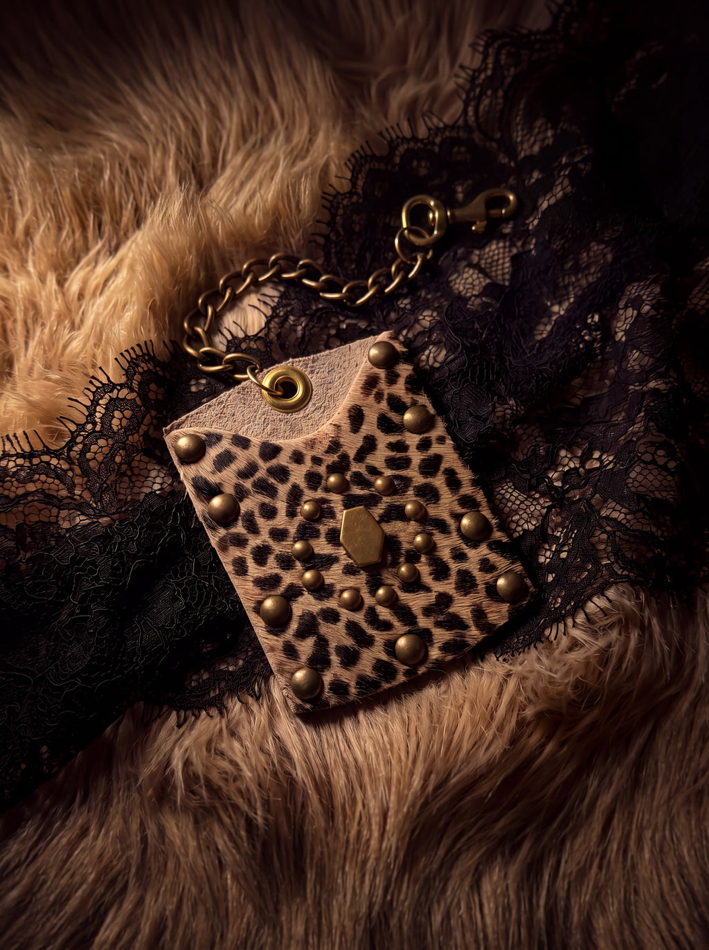 Leopard Hair-On Hide Mini Wallet with Brass Chain