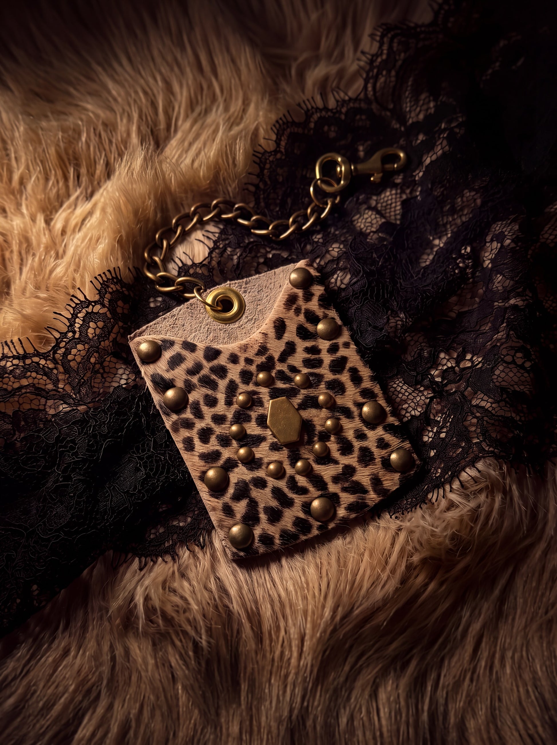 Leopard Hair-On Hide Mini Wallet with Brass Chain