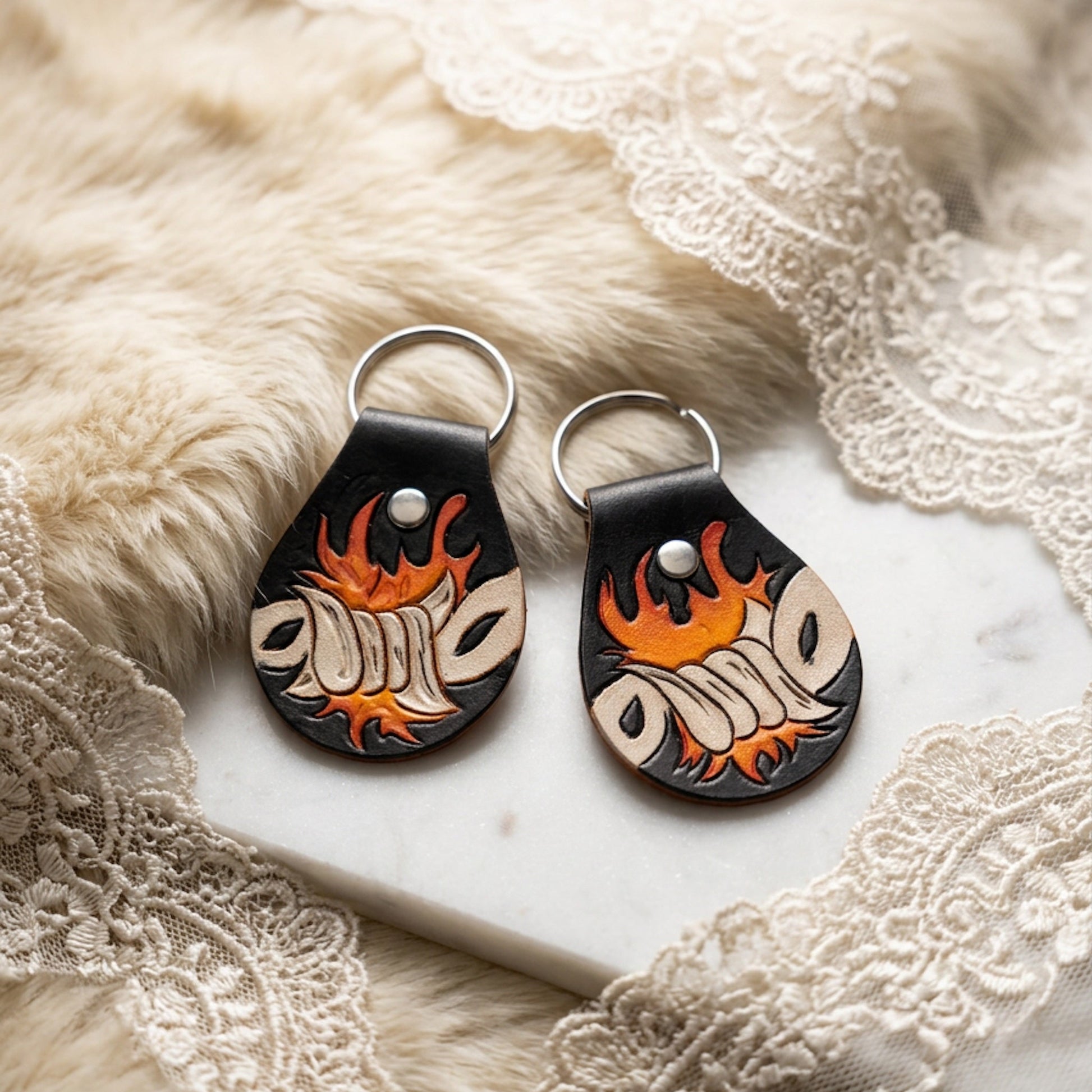 Flame Fist Hand-Tooled Leather Keychain