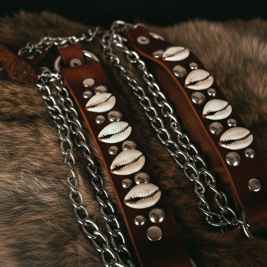 Brown leather straps with metal chain and shell-like embellishments on a fur surface.