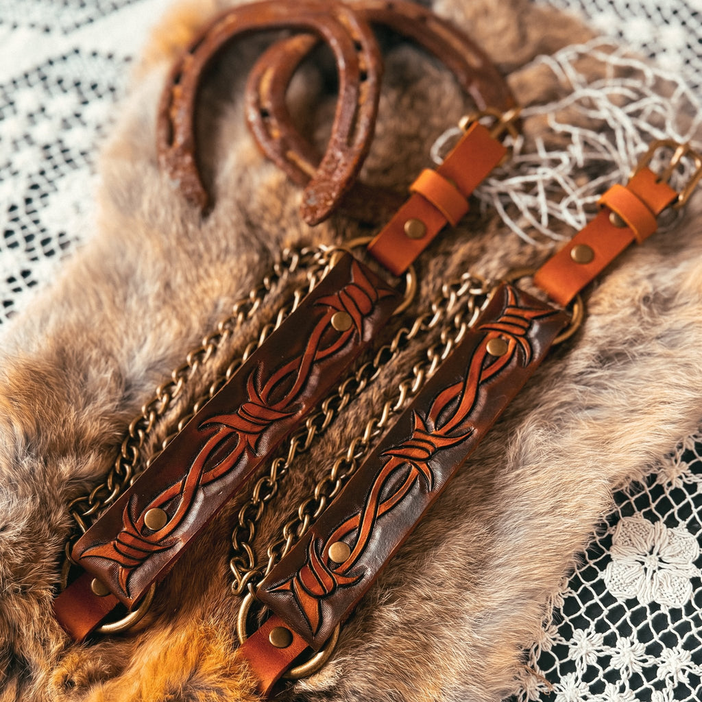 Artisan Barbed Wire Tooled Leather Bootstrap - Hags & Hides