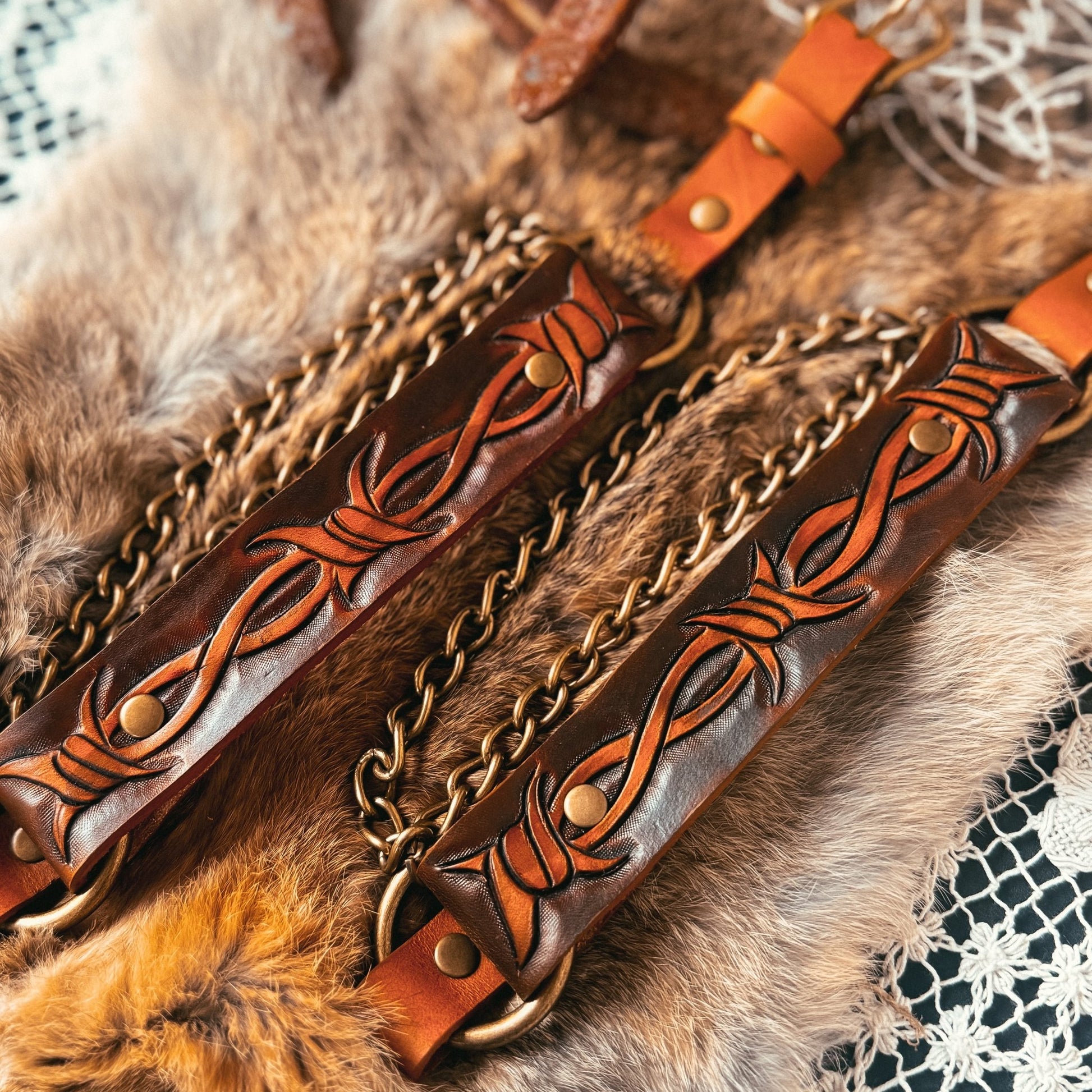 Artisan Barbed Wire Tooled Leather Bootstrap - Hags & Hides