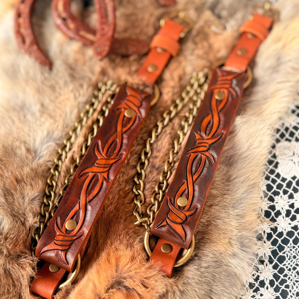 Artisan Barbed Wire Tooled Leather Bootstrap - Hags & Hides