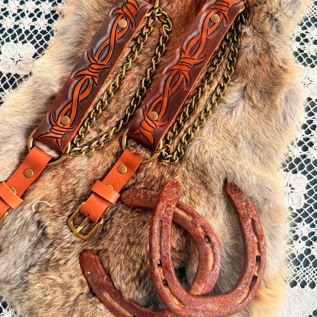 Artisan Barbed Wire Tooled Leather Bootstrap - Hags & Hides