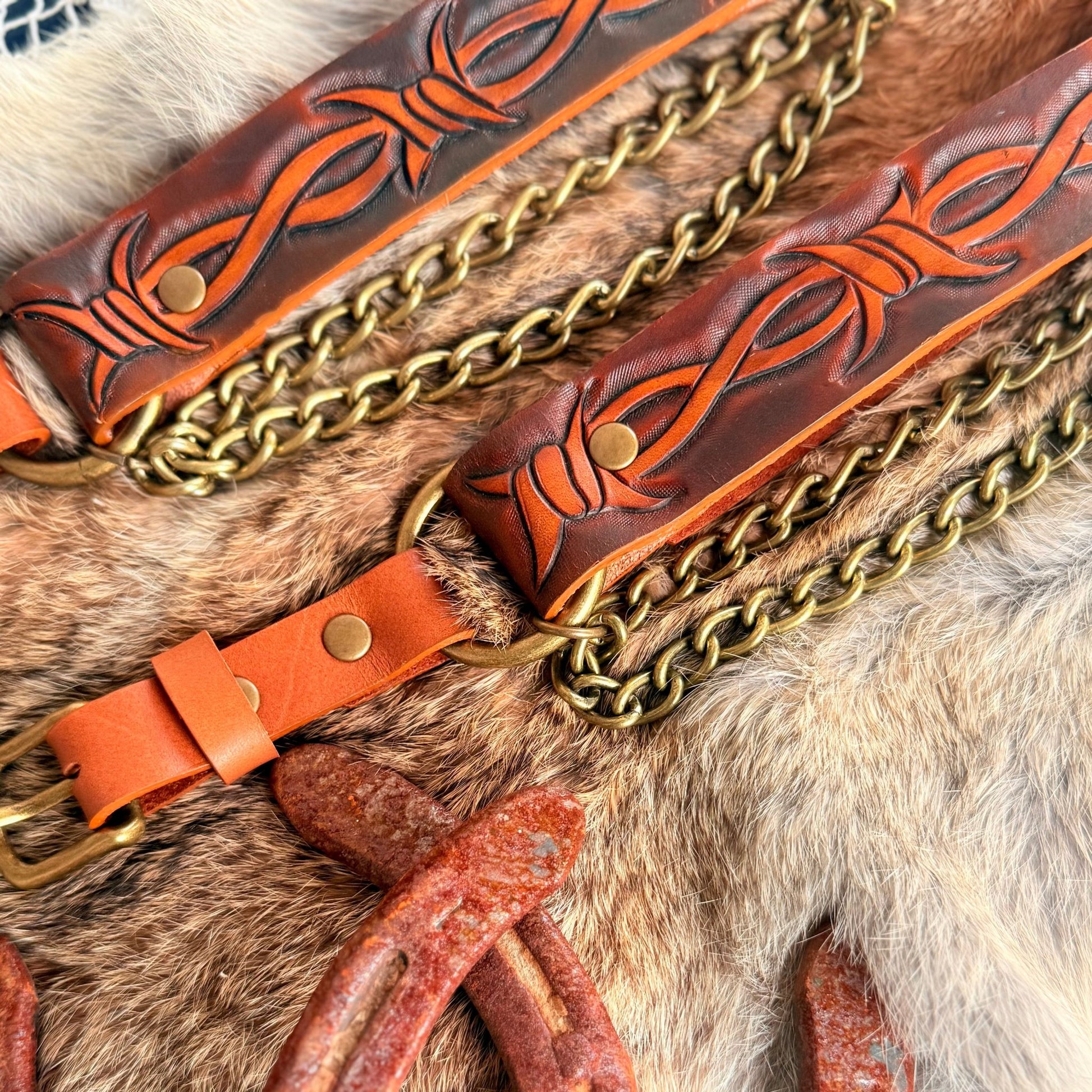 Artisan Barbed Wire Tooled Leather Bootstrap - Hags & Hides