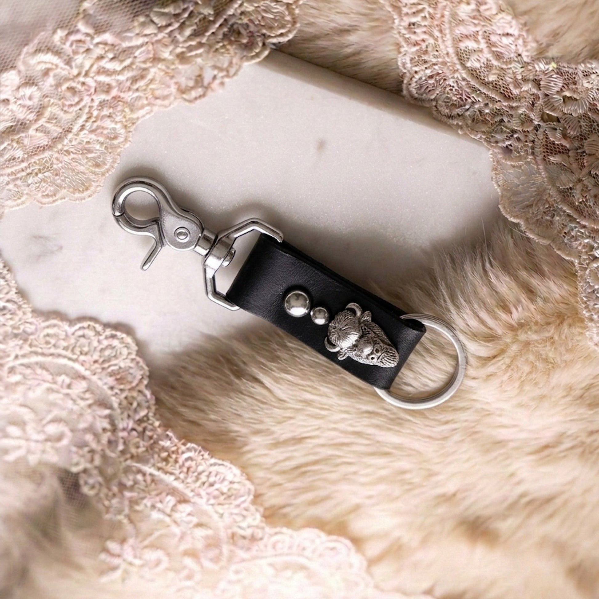 Bison Concho Black Leather Key Clip - Hags & Hides