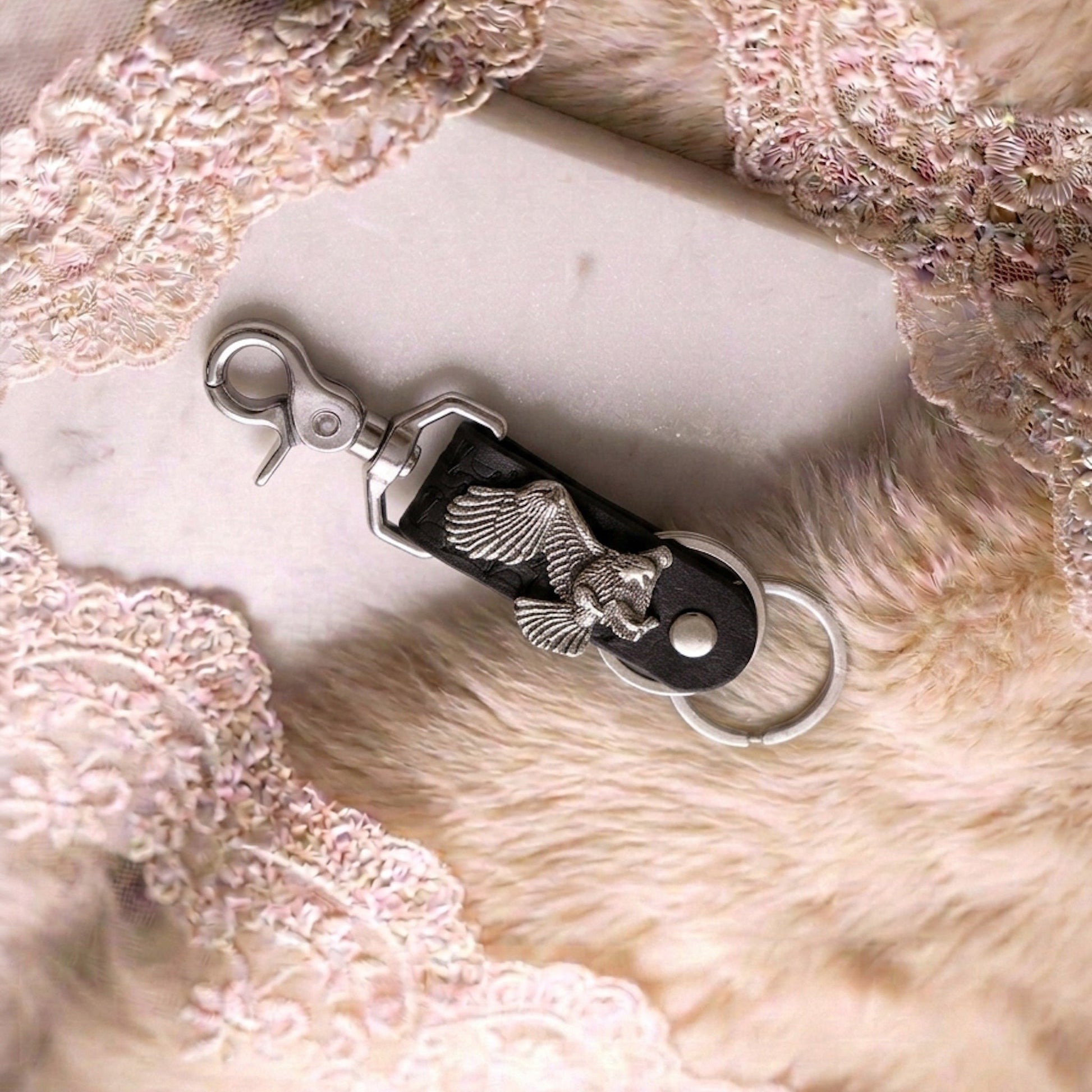 Eagle Concho Black Leather Key Clip - Hags & Hides