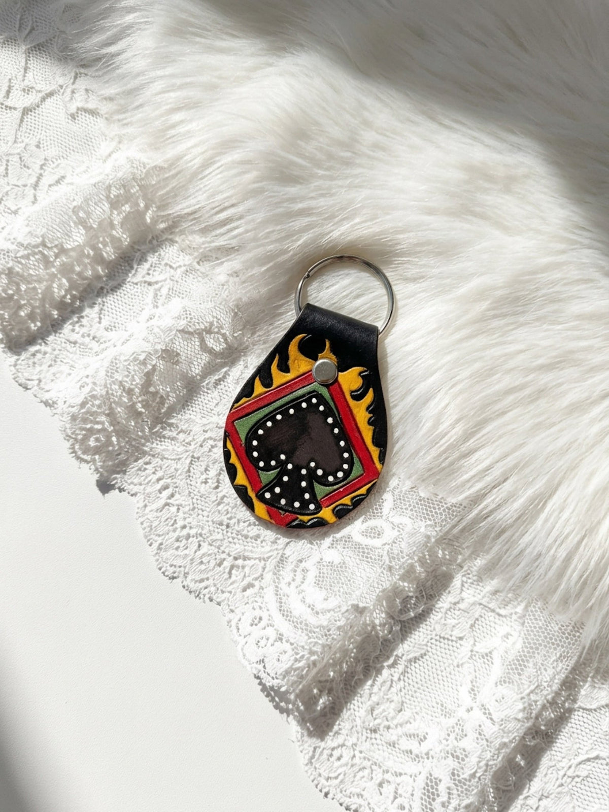 Flaming Ace of Spades Hand Tooled Leather Keychain - Hags & Hides