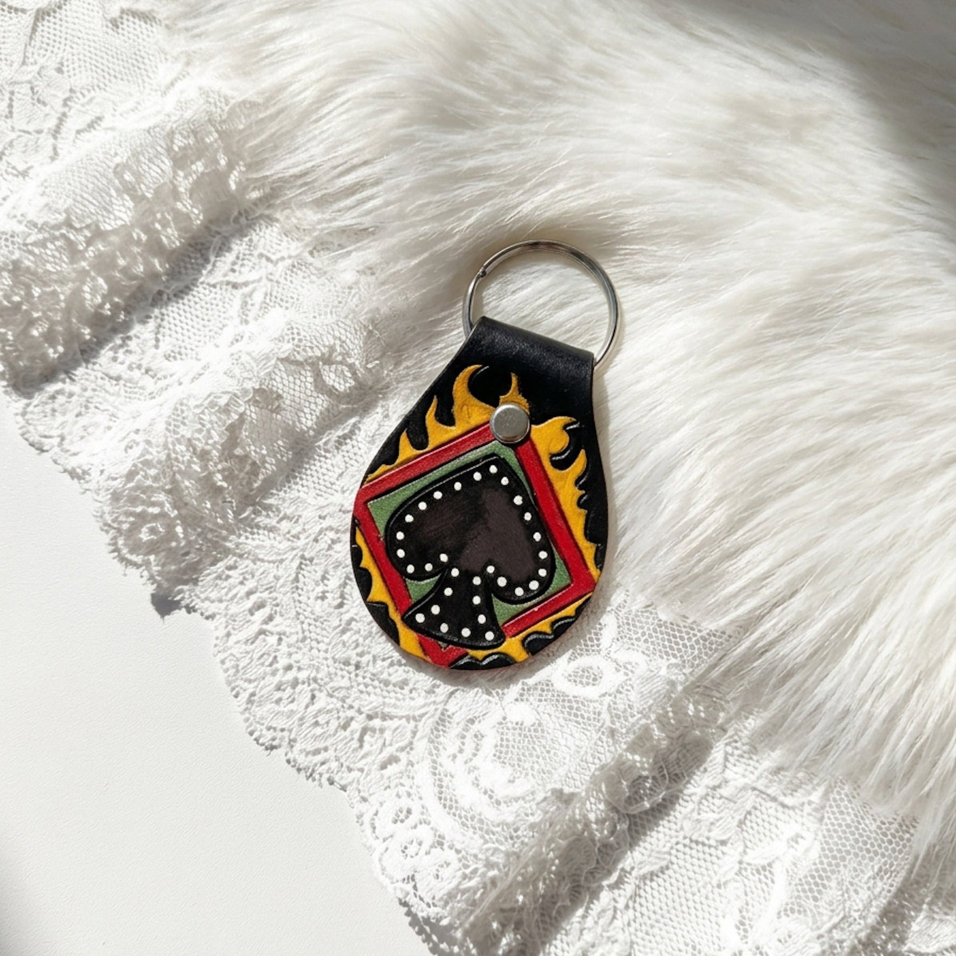 Flaming Ace of Spades Hand Tooled Leather Keychain - Hags & Hides