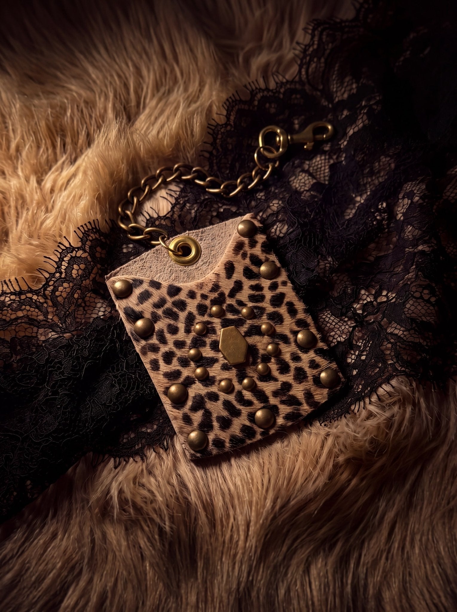 Leopard Hair-On Hide Mini Wallet with Brass Chain - Hags & Hides