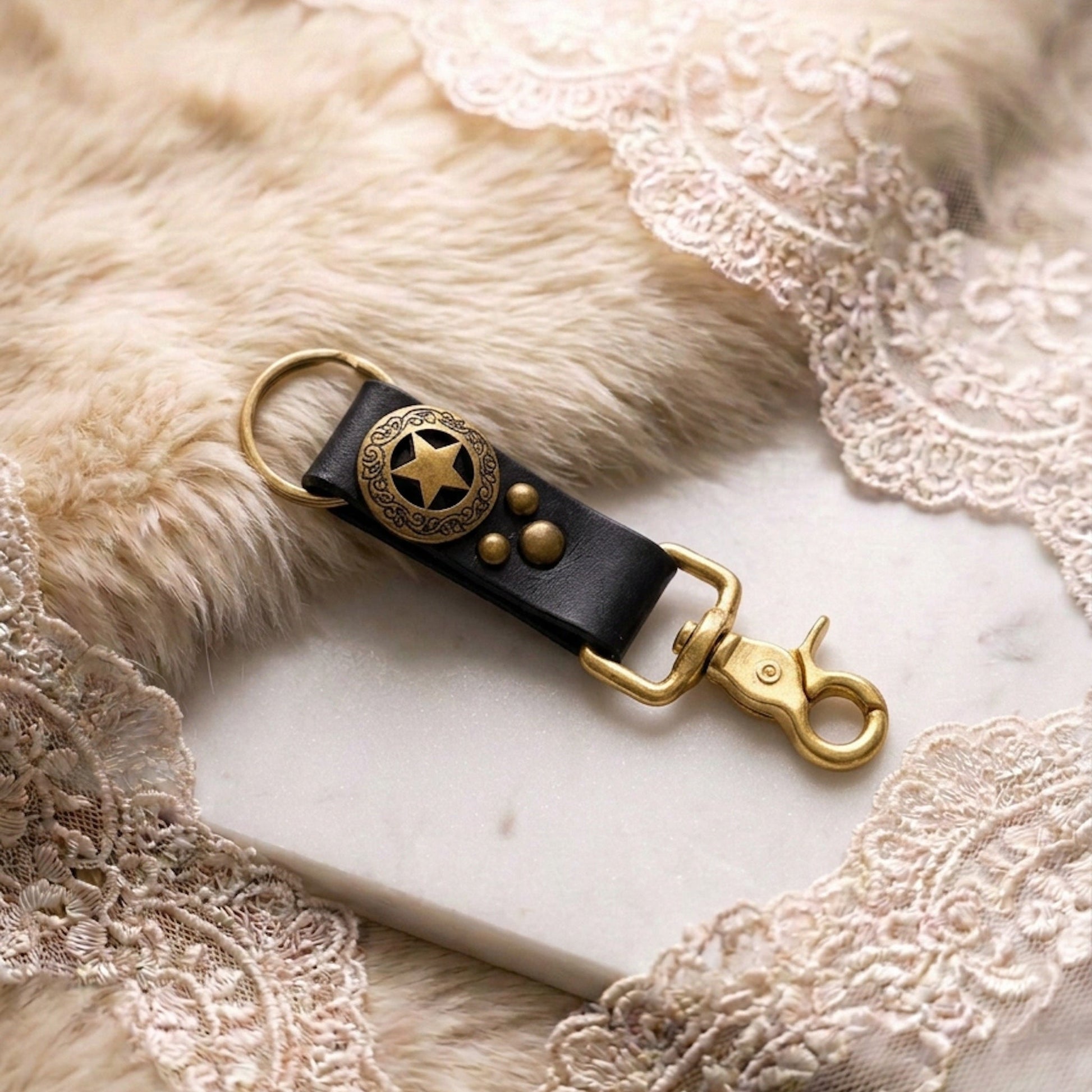 Star Concho Black Leather Key Clip - Hags & Hides