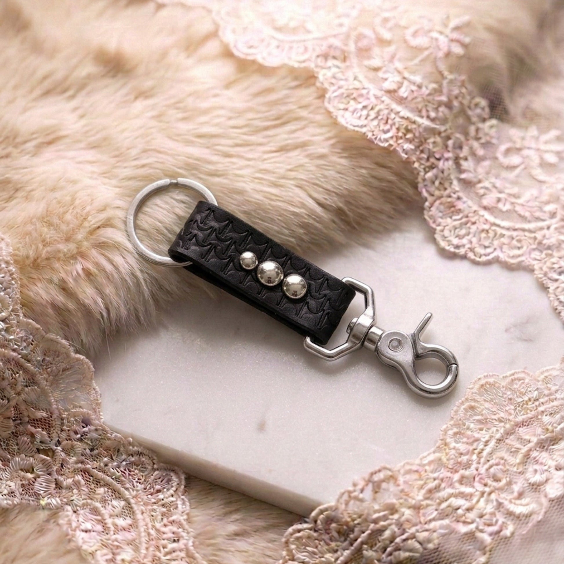 Studded Tooled Black Leather Key Clip - Hags & Hides