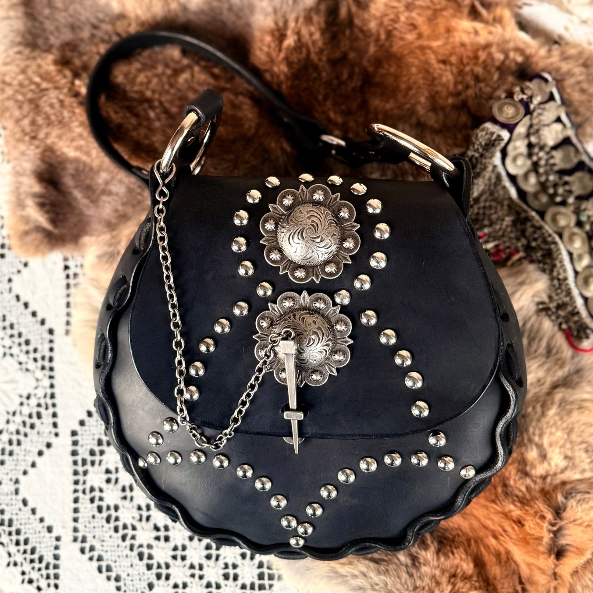 Western Noir Studded Leather Chain Purse - Hags & Hides
