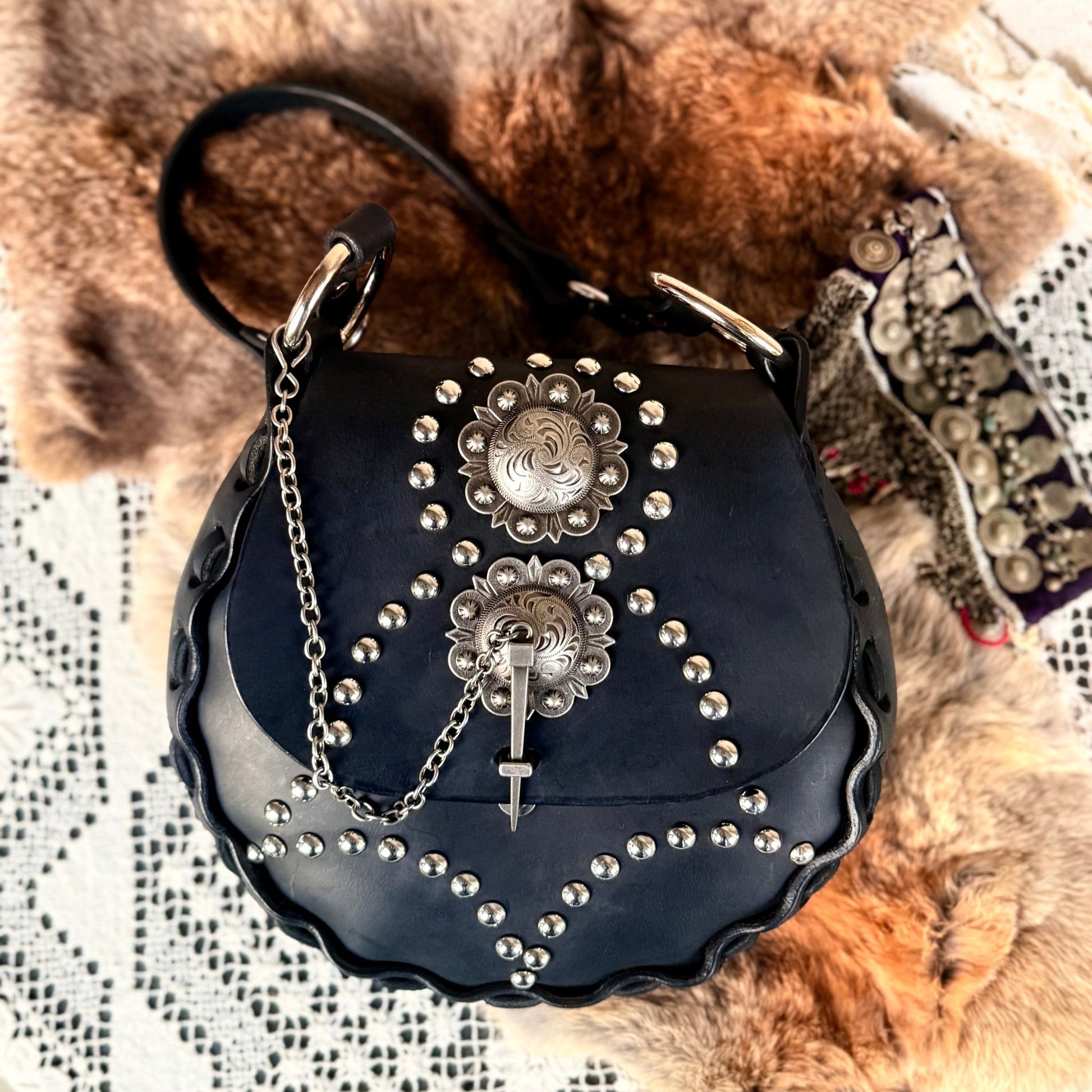 Western Noir Studded Leather Chain Purse - Hags & Hides